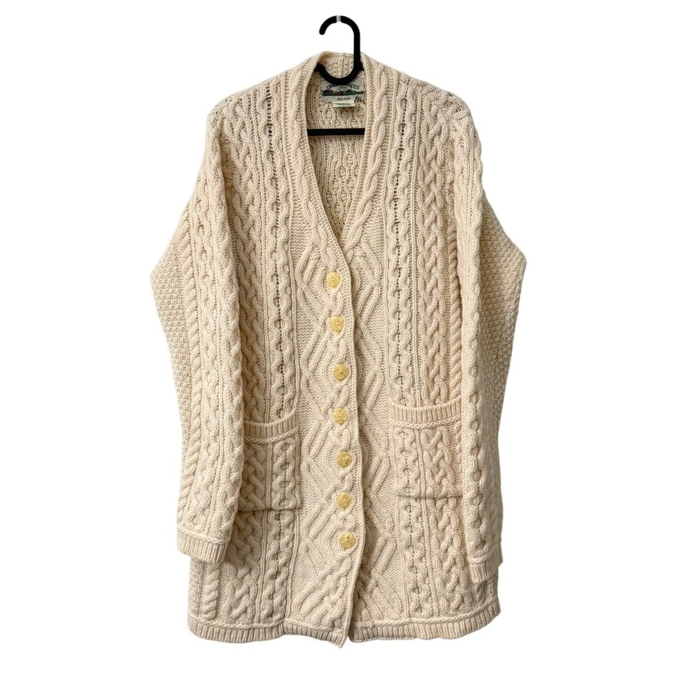 Aran Crafts Cream Ireland Chunky Cable Knit Long Line Cardigan Sweater Medium
